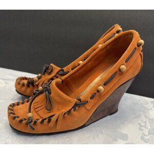 Sam Edelman Size 6M Angelina Moccasin Wedge Shoe‎ Orange Fringe Suede
